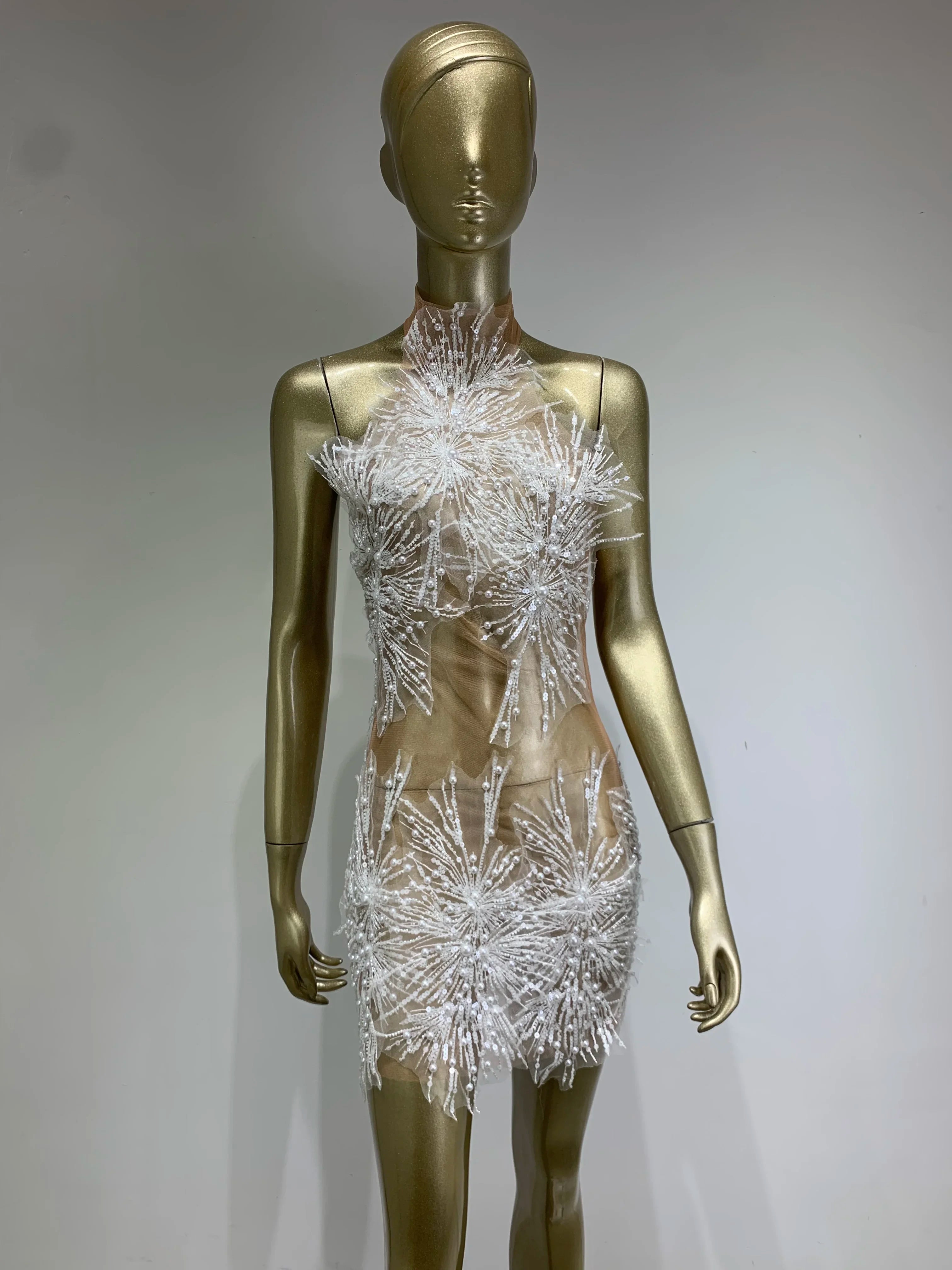 High Quality Women Sexy Off the Shoulder Mesh SeeThrough Bodycon Mini Dress Sequins Nightclub Party Celebrate Dress