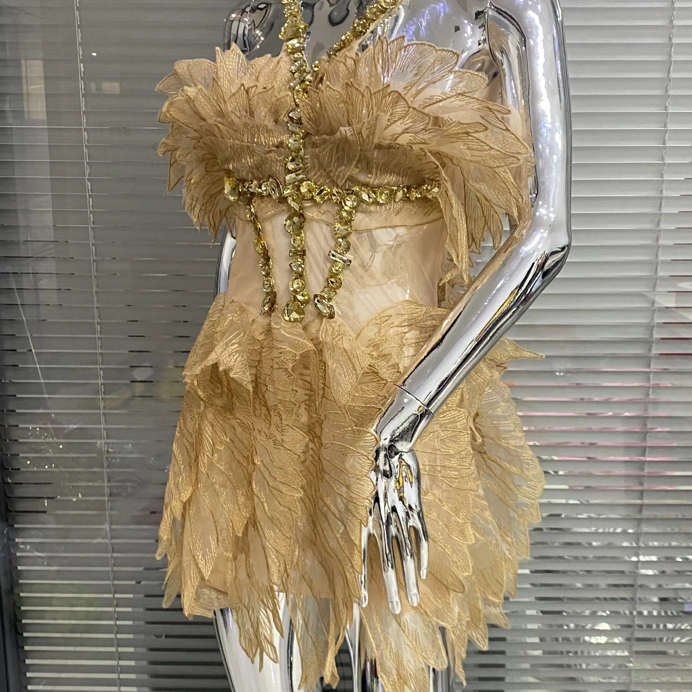 Gold Color Women Sexy Halter Crystal  Bodycon Mini Dress Celebrate Birthday Party Girls' Nightclub Bar SInger Dress