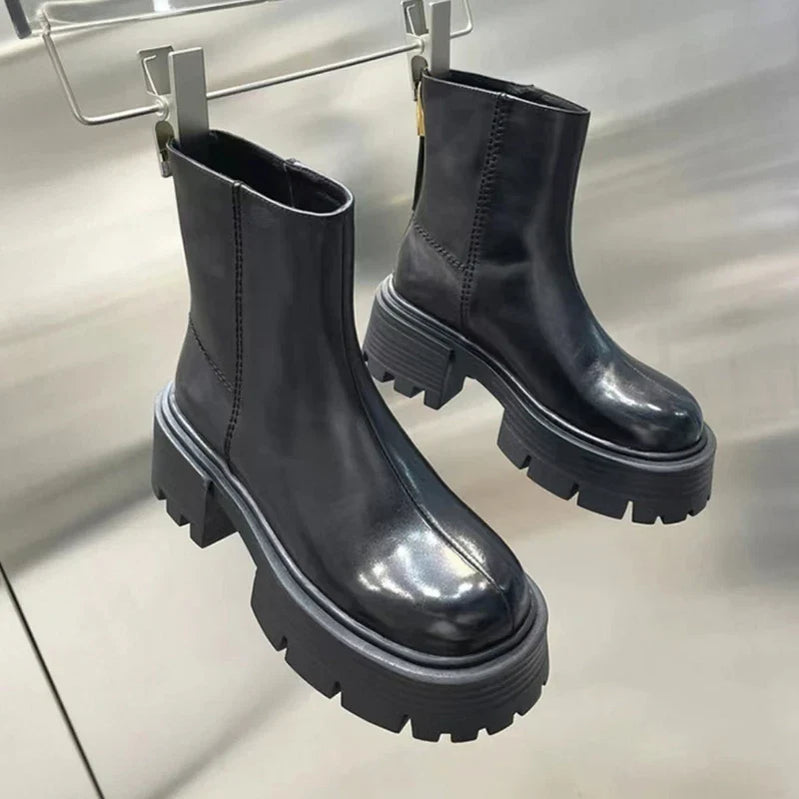 Brand Design Ankle Boots For Women Slip On Black Leather Platform Boots Women Chunky Heel Women Chelsea Boots Winter Shoes black