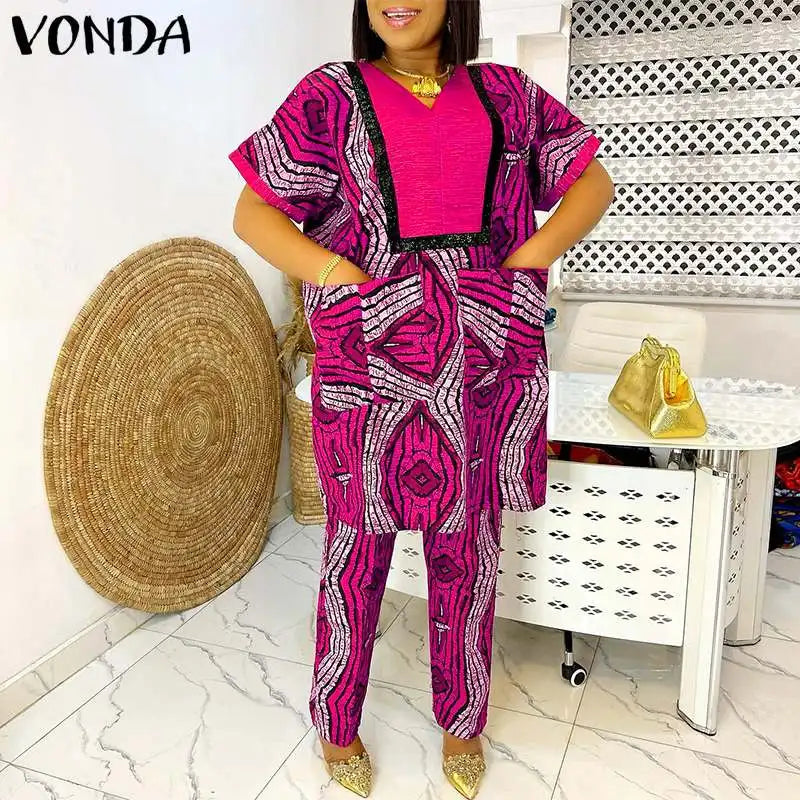Plus Size 5XL Women Sets Summer Printing Loungewear Pants Sets VONDA 2024 Vintage Short Sleeve Tops Loose Pants Suits Two Piece