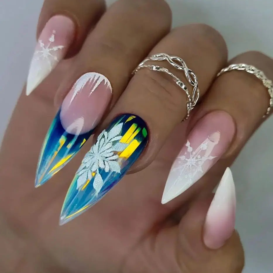 2025 New Christmas Fake Nail Tips Wearable Almond False Nails with Snowflake Flower Print European Xmas New Year Press on Nails