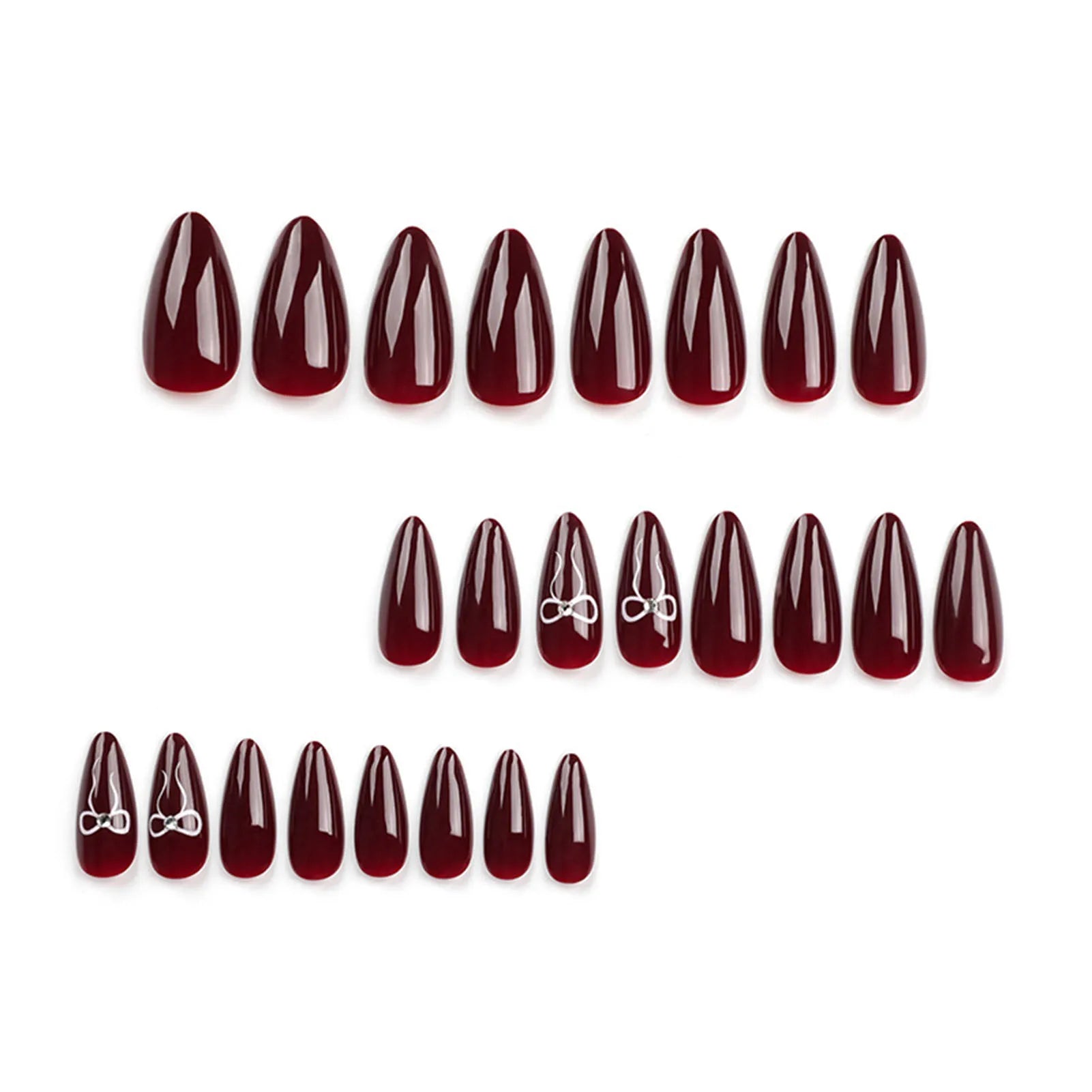 Wine Red Almond Fake Nails Women Valentine's Day Charm Manicure 24Pcs  Year Party Press On Nails Bowknot Printed Nails Art