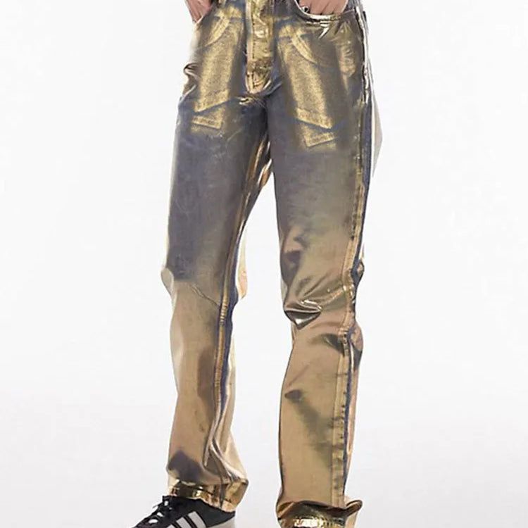 Metallic High Waist Straight Jeans Women Autumn New Printing Loose Wide Leg Denim Pants Streetwear Harajuku Vintage Gold Jeans