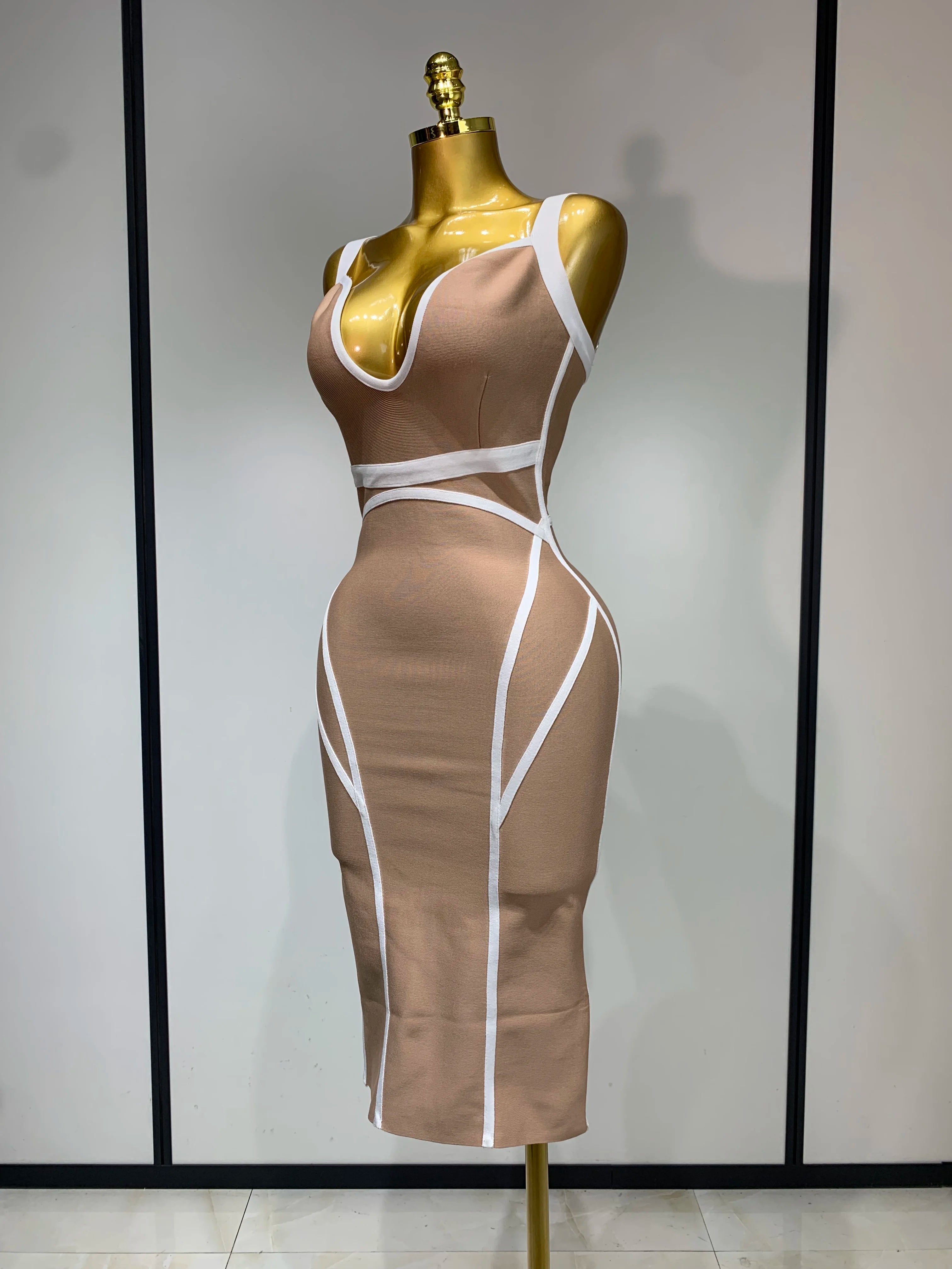 Vestido midi listrado com decote em V sexy e bandagem colado ao corpo, roupa de aniversário luxuosa para celebridades, elegante para festa noturna e clube, 2025