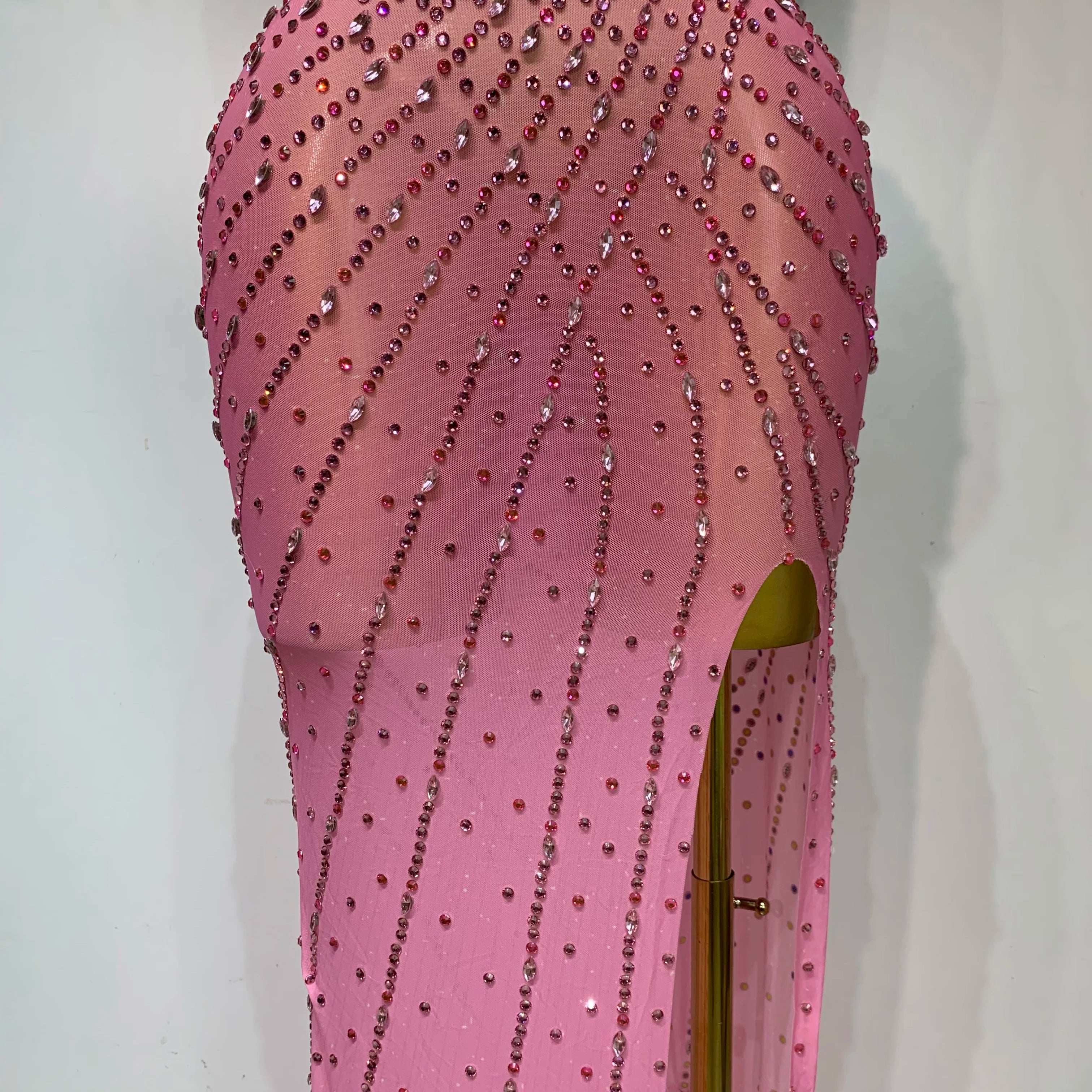 Sparkly Rhinestone Halter Mesh Transparent Dress Birthday Celebrate Evening Party Dress Women Sexy Split Backless Stage Outfit