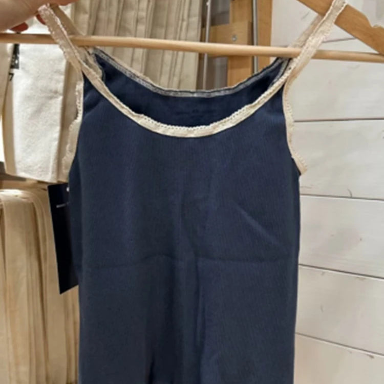 Casual Women Lace Edge Navy Camis Summer Casual Ladies Sleeveless Solid Color Female Chic Tops