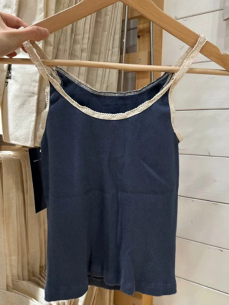 Casual Women Lace Edge Navy Camis Summer Casual Ladies Sleeveless Solid Color Female Chic Tops