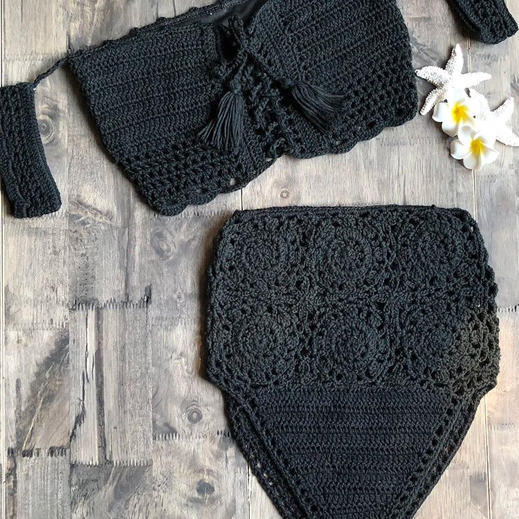 Crochet High Leg Bandeau Bikini Set Swimwear Female Two Pieces Swimsuit High Waist Bikini Women Bathing Suit Biquini 2019 New Black