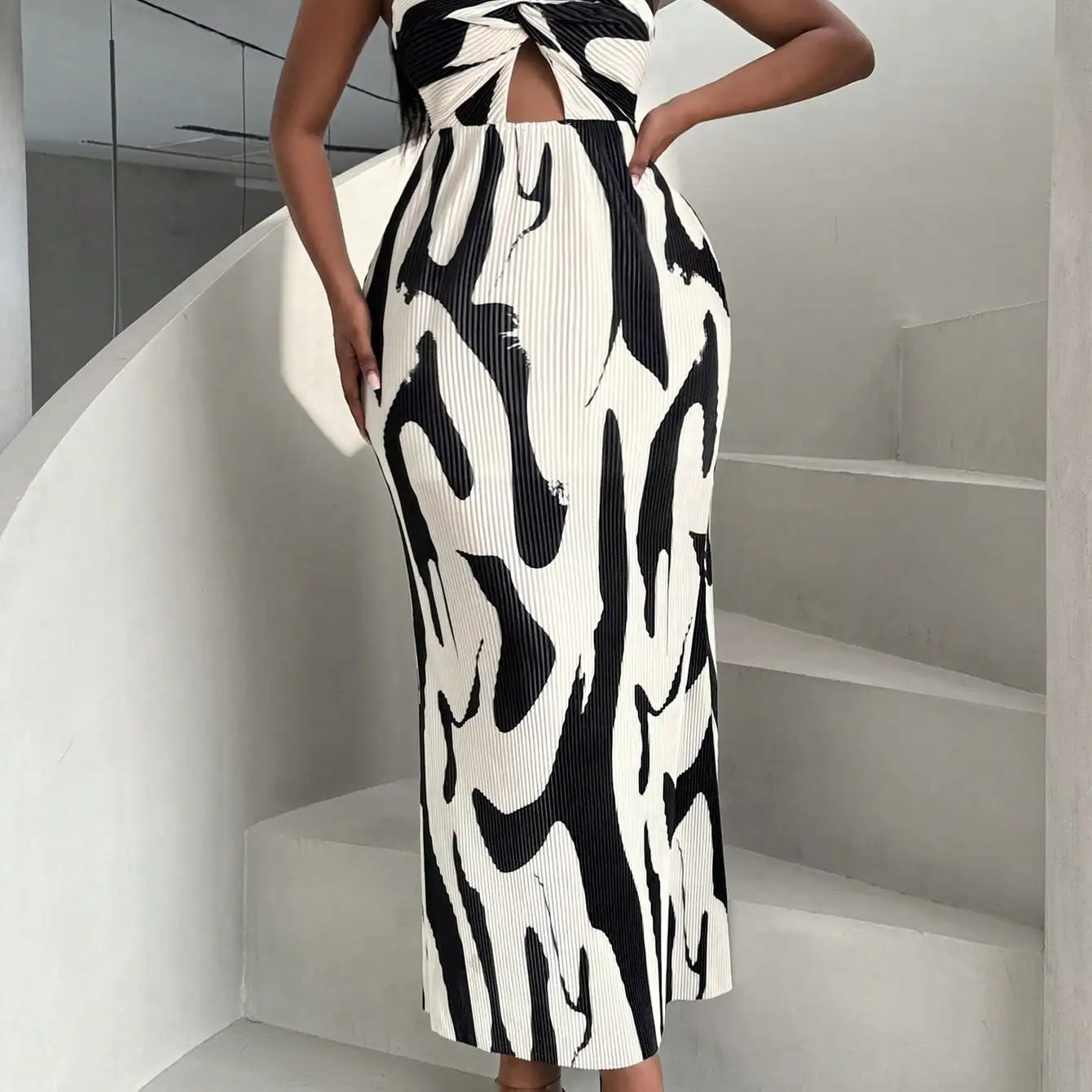 Women Dress Elegant Sexy Backless Hollow Out Dress Printed Irregular Slim Long Dresses