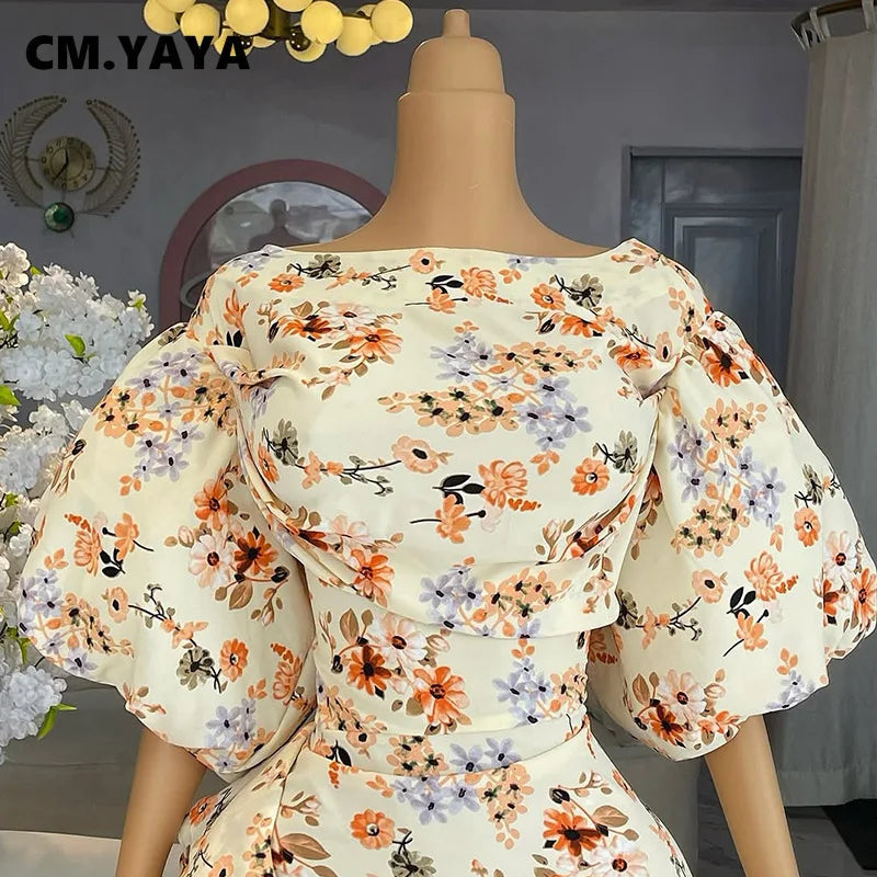 CM.YAYA Women Lantern Half Sleeve Ruffles Side Floral Print Side Split Long Maxi Dress 2025 Evening Sexy Party Dresses Vestidos