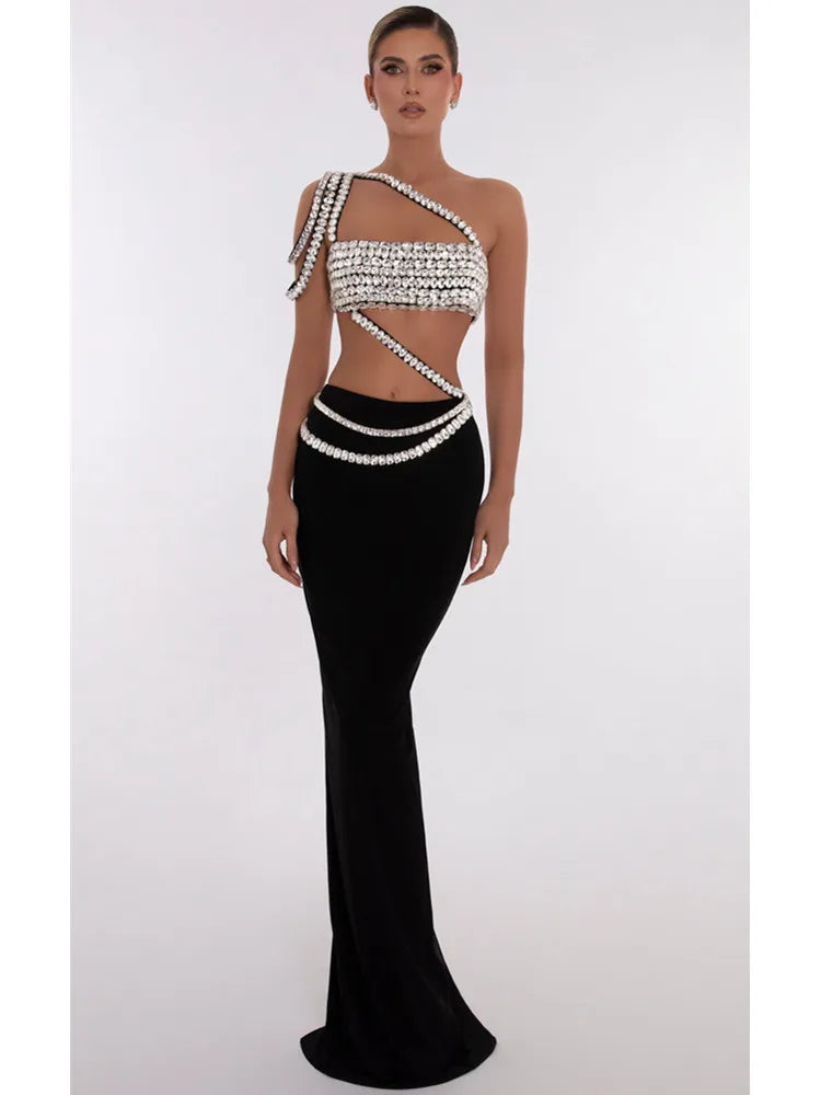 Women Summer Celebrity Sexy Beading Split Maxi Long Black Bandage Skirt Set Knitted Elegant Evening Club Party Clothing