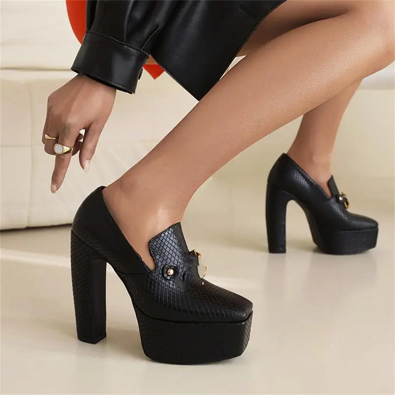 Super High Heel Women Shoes 2024 Spring Autumn Platform Square Head Metal Fastener Party Office Shoes Size 43