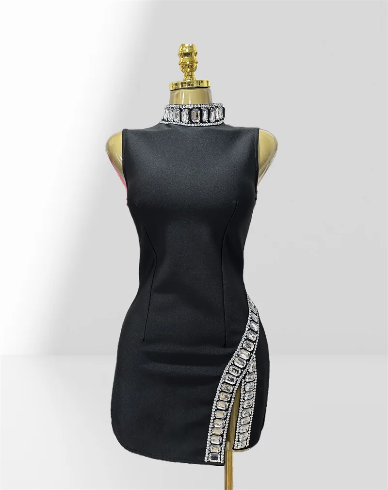 New Summer Super shining Diamonds O-neck Sleeveless Bandage Mini Dress Fashion Woman Birthday Party Dress Music Festival Outfit