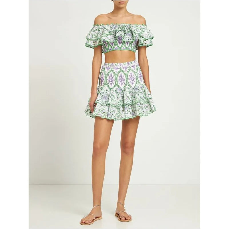 New embroidered hollowed lotus leaf elastic jacket + elastic lotus leaf cotton embroidered cake skirt 2-piece set of moisture