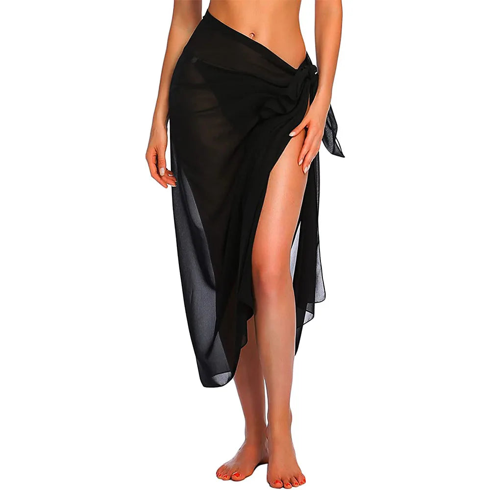 Womens Beach Long&Short Short Skirt Sarong Swimsuit Coverups Summer Bikini Wrap Sheer Scarf for Swimwear Cover-ups Black-Long One Size