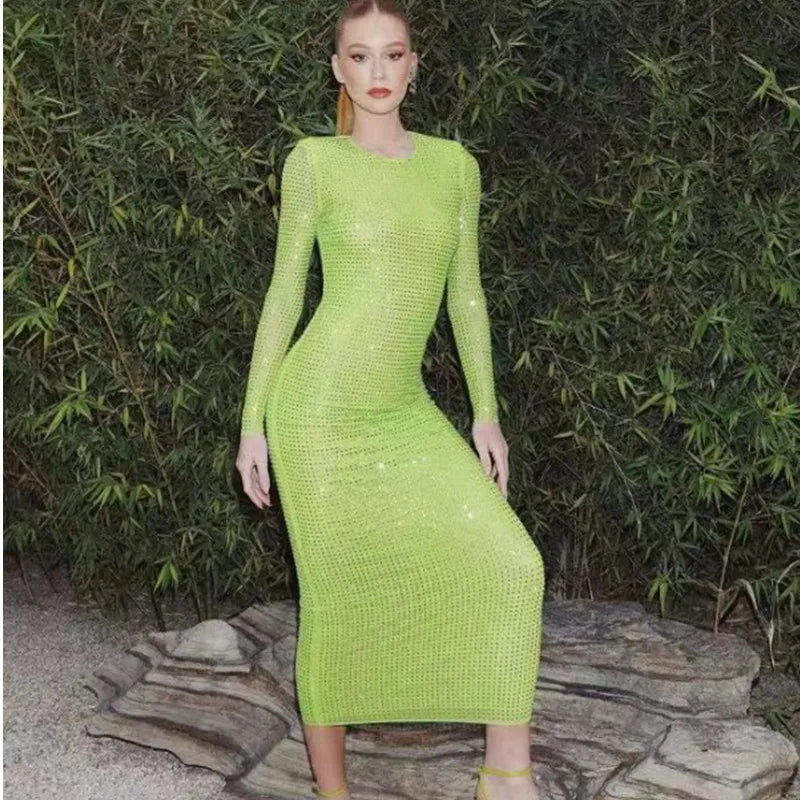 2023 New Arrival Long Sleeve Diamond Mesh See Through Sexy Bodycon Long Dress Celebrity Nightclub Party Dress Vestido