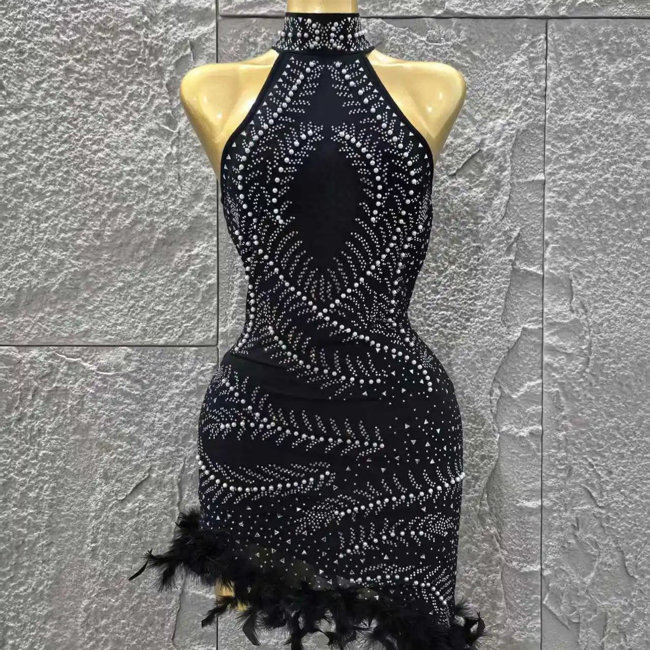 Black Color Women Sexy Off the Shoulder Beading Feathers Bodycon Mini Bandage Dress Celebrate Nightclub Party Bar Singer Outfit