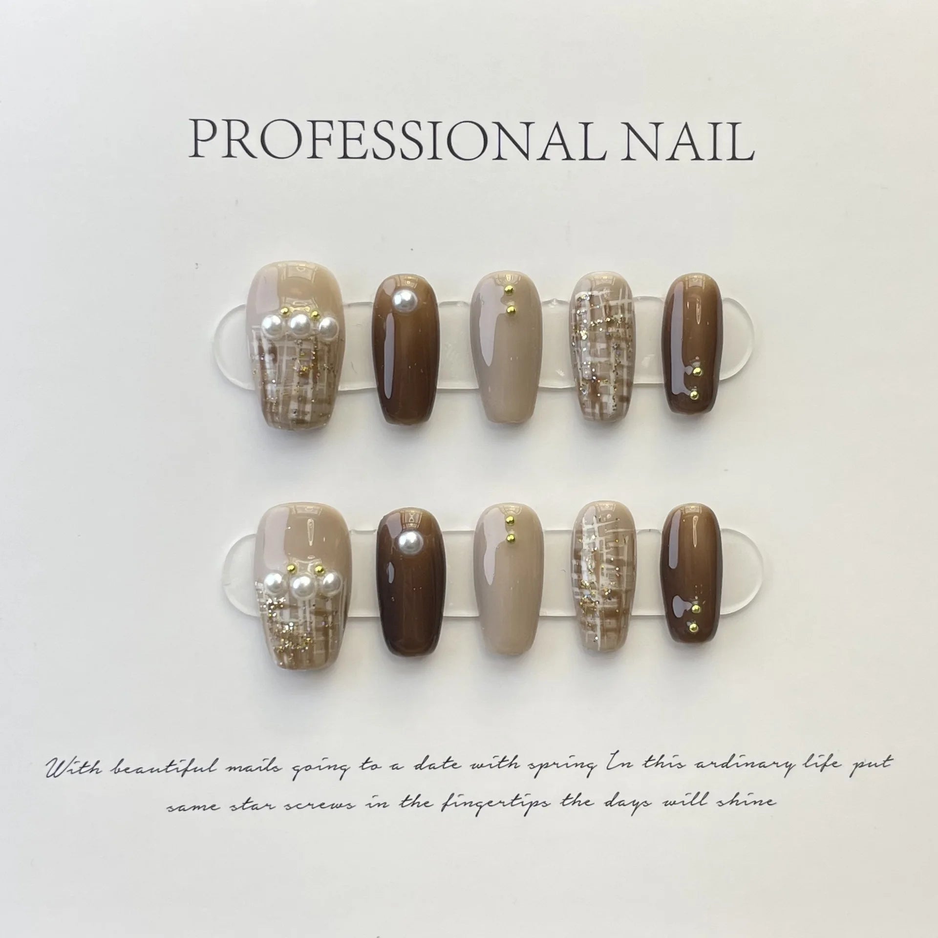 10Pcs Winter Ladder-shaped Handmade False Nails with Glue Sweet Houndstooth Nail Design Fashion Pearl Press on Acrylic Nail Tips