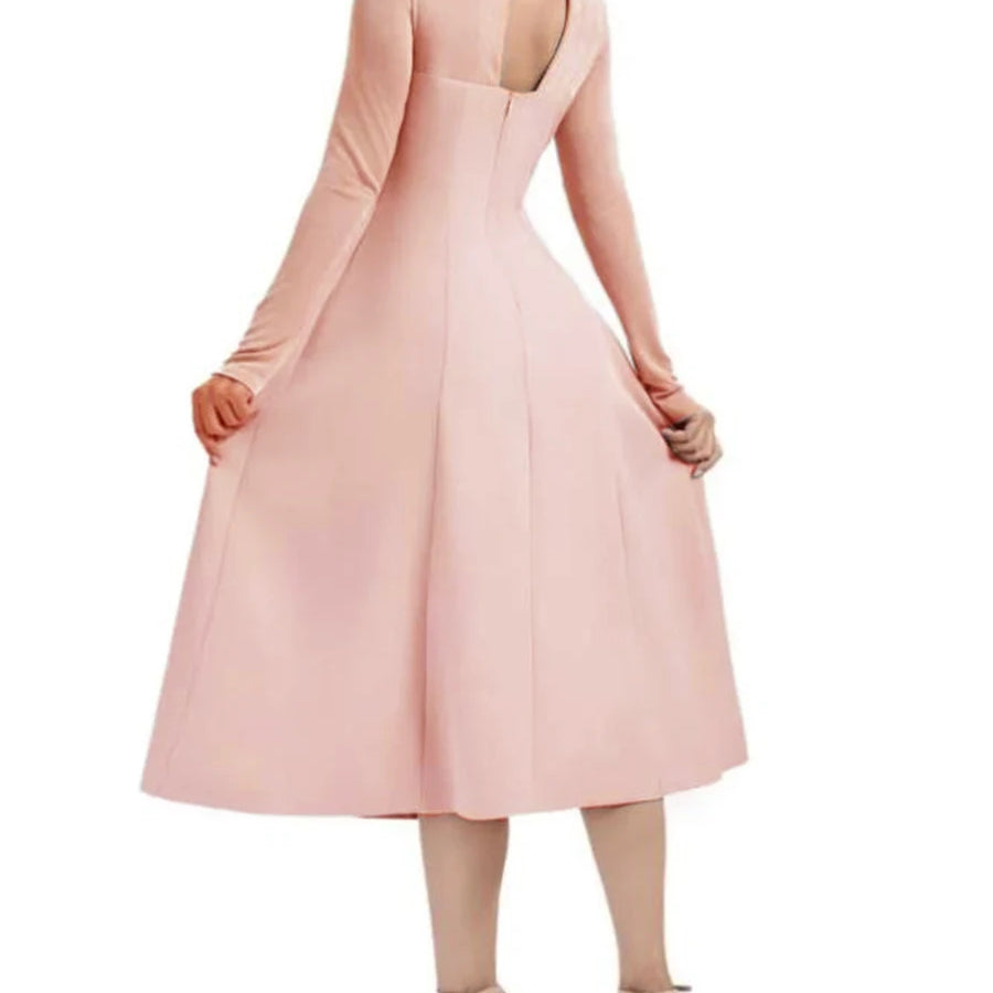 TWOTWINSTYLE Solid Slimming Bead Elegant Dresses for Women Round Neck Long Sleeve Hollow Out Temperament Dress Female Clothing