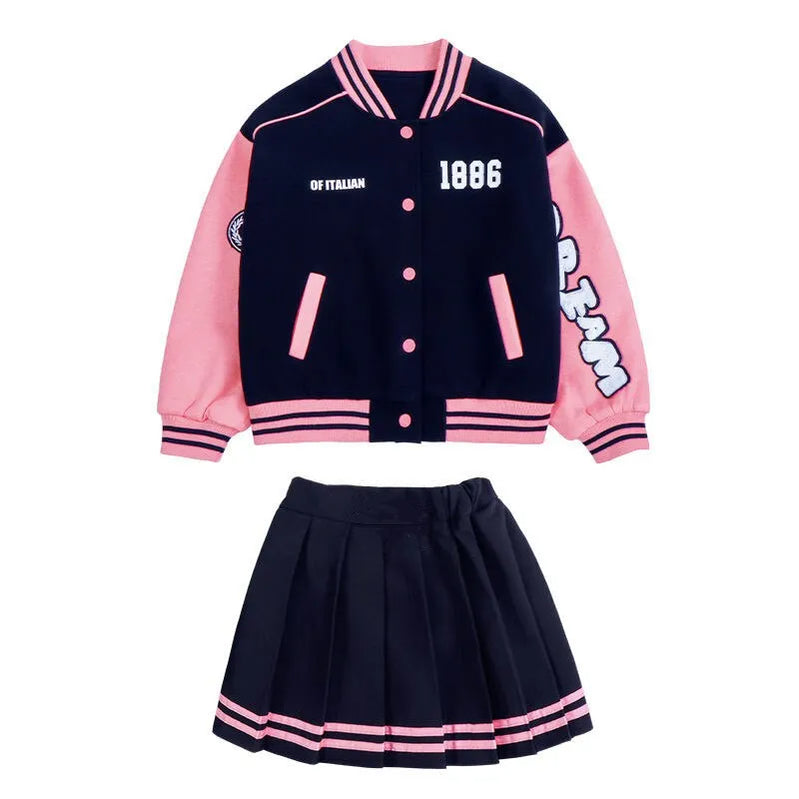 Junior Girls Autumn Baseball Suits Jacket & Pleated Skirt 2 Pcs Outfits School Uniform Sets Kids Sports Casual Clothing 7-14Y Pink