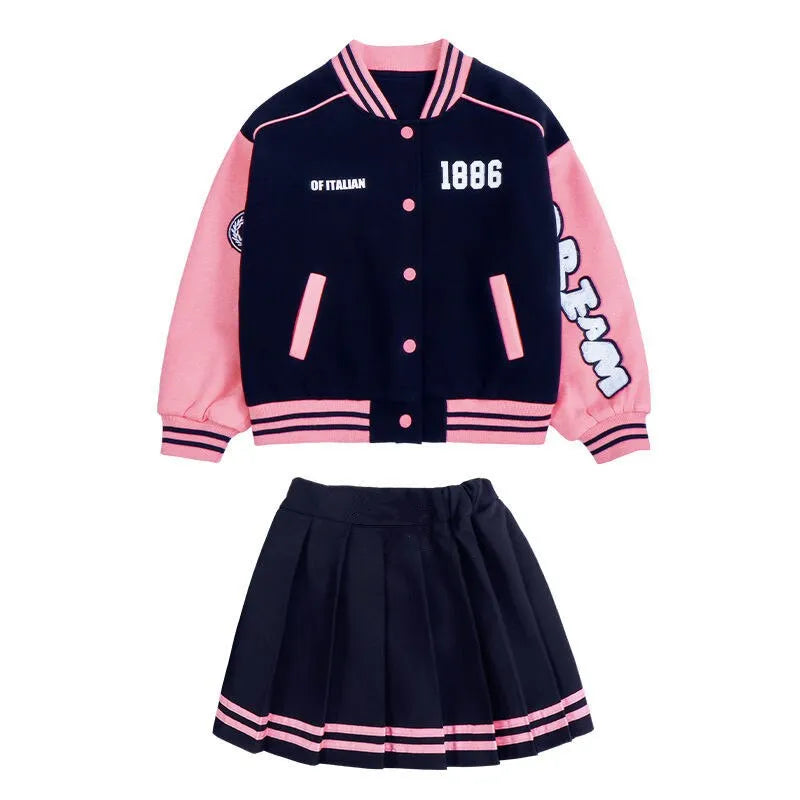Junior Girls Autumn Baseball Suits Jacket & Pleated Skirt 2 Pcs Outfits School Uniform Sets Kids Sports Casual Clothing 7-14Y Pink