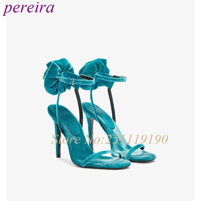 Blue Blossom Heeled Sandals One Strap Shallow High Heels Women Luxury Designer Shoes Summer 2025 Buckle Strap Sandalias De Mujer