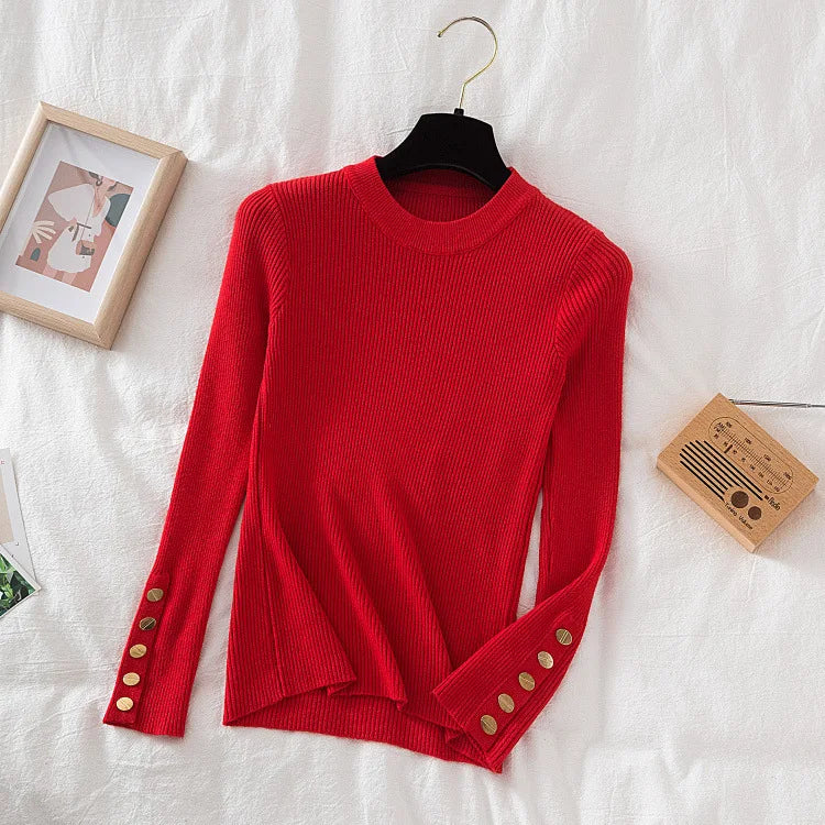 Thick Sweater Pullovers Long Sleeve Tops Women Autumn Winter Clothes Slim Knit Soft Jumper Streetwear Button Turtleneck Sweater red-2 One Size