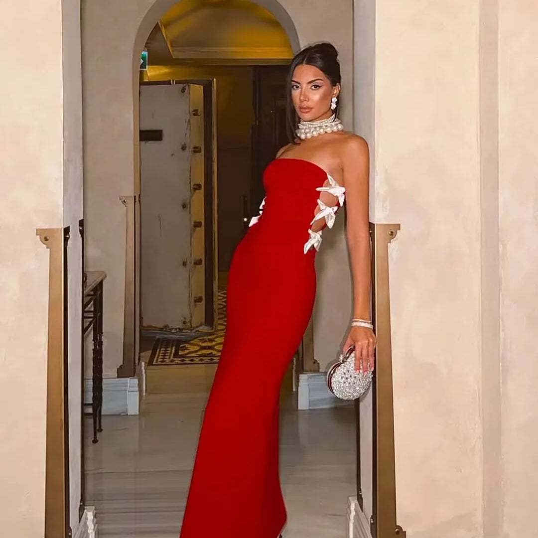 Red Black Women Sexy Off the Shoulder Bow Bodycon Bandage Long Dress Fashion Celebrate Evening Party Nightclub Wear