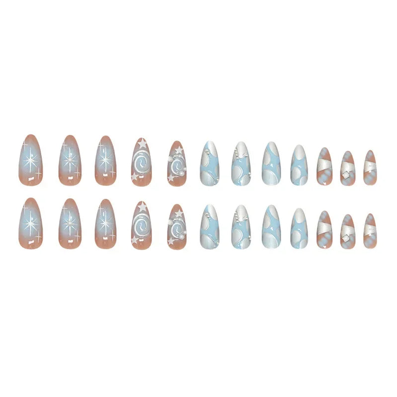 24pcs 3D Starburst Irregular Lines Pearl Press on Nails Rhinestones Full Coverage Nail Tips for Women&Girl Detachable Nail Art