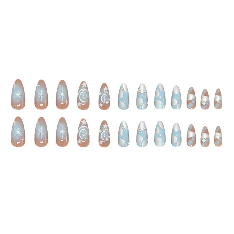 24pcs 3D Starburst Irregular Lines Pearl Press on Nails Rhinestones Full Coverage Nail Tips for Women&Girl Detachable Nail Art