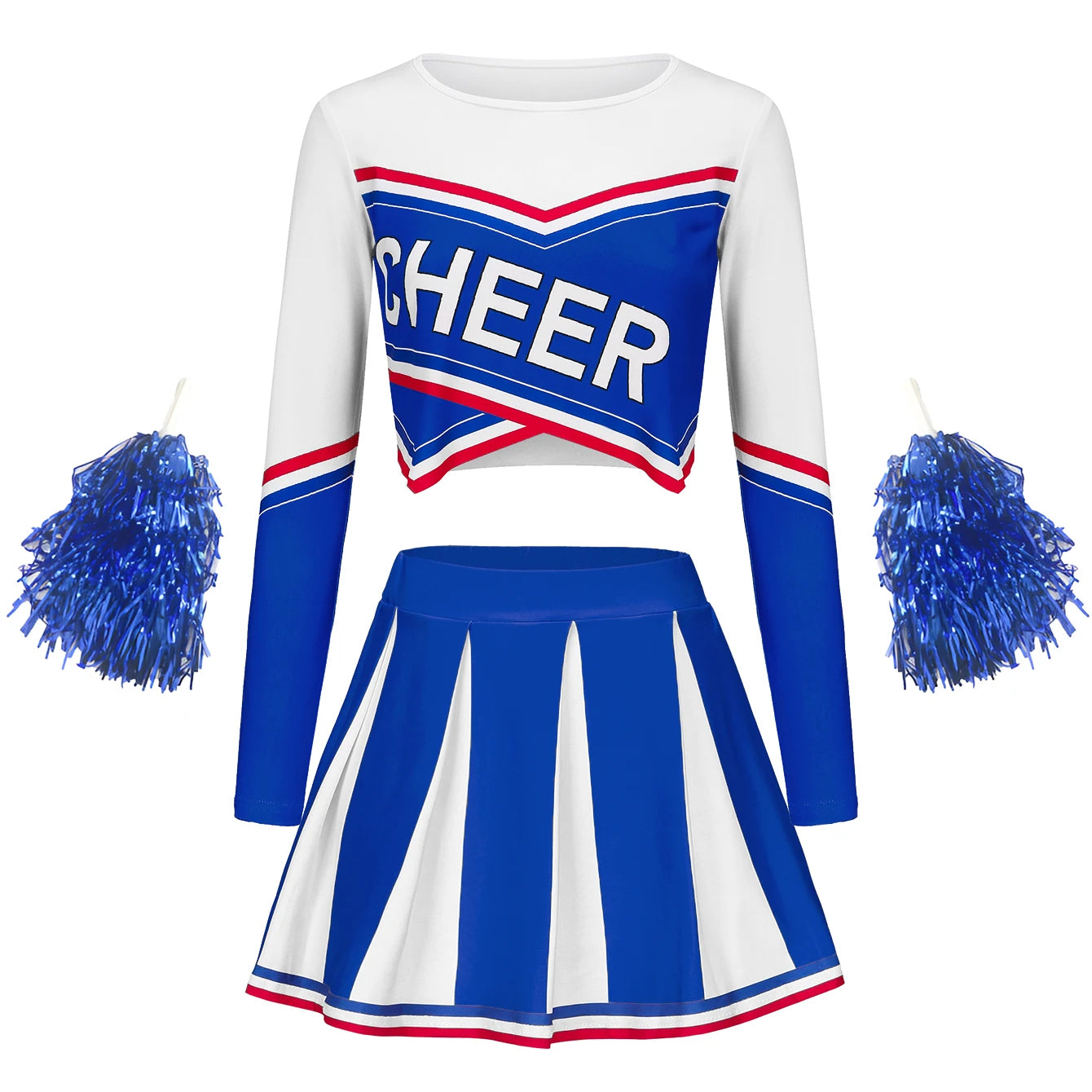 Women's Long Sleeve Cheerleader pompon Sexy Student Stage Music Performance Dress Skirt Halloween Uniform Blue