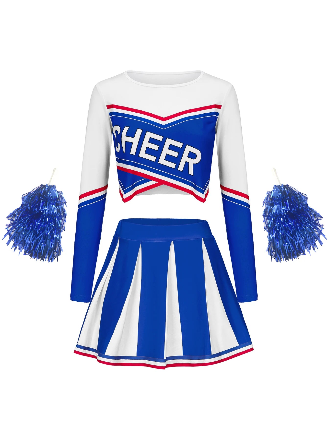 Women's Long Sleeve Cheerleader pompon Sexy Student Stage Music Performance Dress Skirt Halloween Uniform Blue