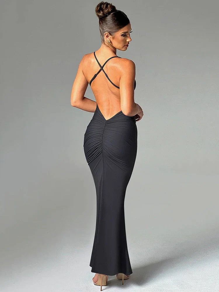 Mozision Spaghetti Strap Backless Sexy Maxi Dress For Women Fashion Summer New Sleeveless Bodycon Club Party Long Dress Elegant Black