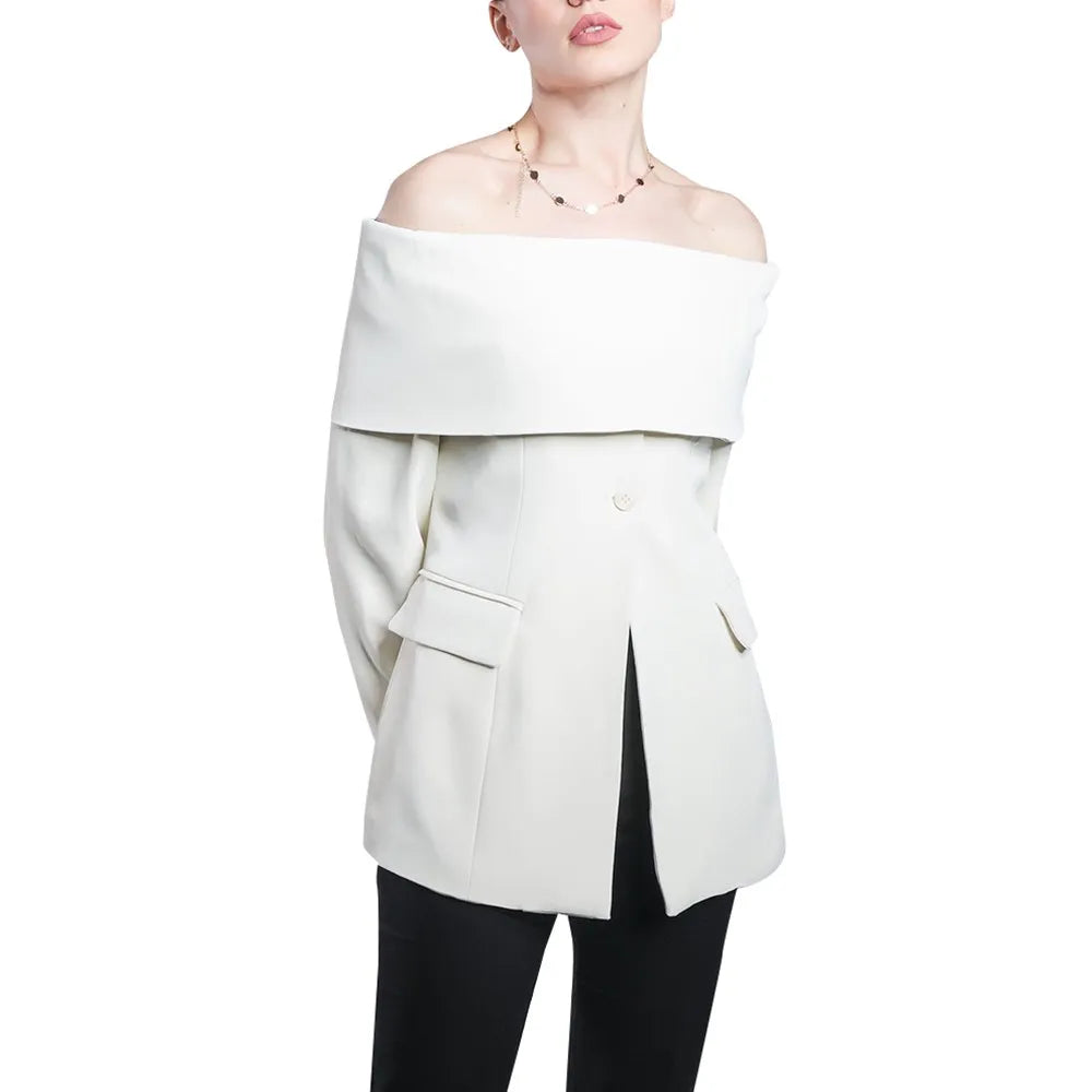 TWOTWINSTYLE Solid Temperament Blazers For Women Slash Neck Long Sleeve Patchwork Pocket Minimalist Slim Blazer Female Fashion