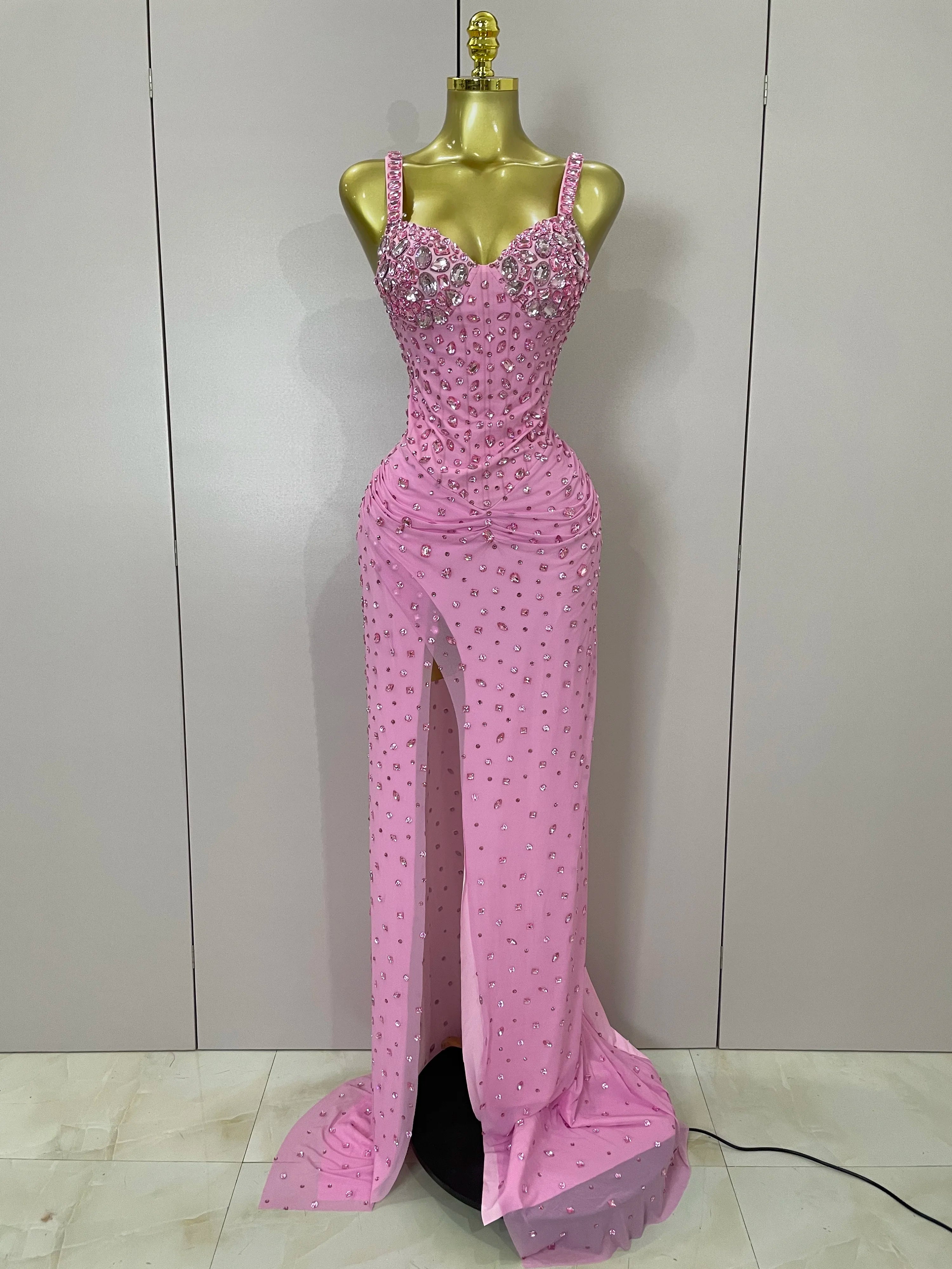 Luxury Pink Rhinestones Split Floor Length Dress 2025 Women Sexy Evening Celebrate Birthday Party Dress Photoshoot Stage Wear