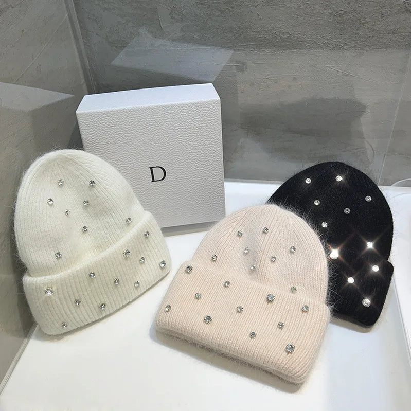 Franch Luxury Rabbit Fur Knitted Hat hinestone Beads Fashion Korean Cap Women Winter Fashion Thickened Warm Beanies - Basso & Brooke
