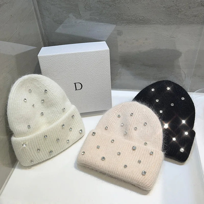 Franch Luxury Rabbit Fur Knitted Hat hinestone Beads Fashion Korean Cap Women Winter Fashion Thickened Warm Beanies