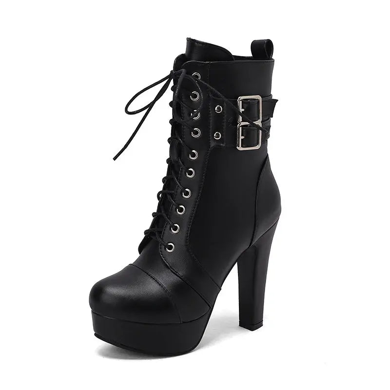 SIMLOVEYO Fashion Women Boots Round Toe Chunky High Heels 12cm Platform 2.5cm Lace Up Belt Buckles Size 47 48 49 50