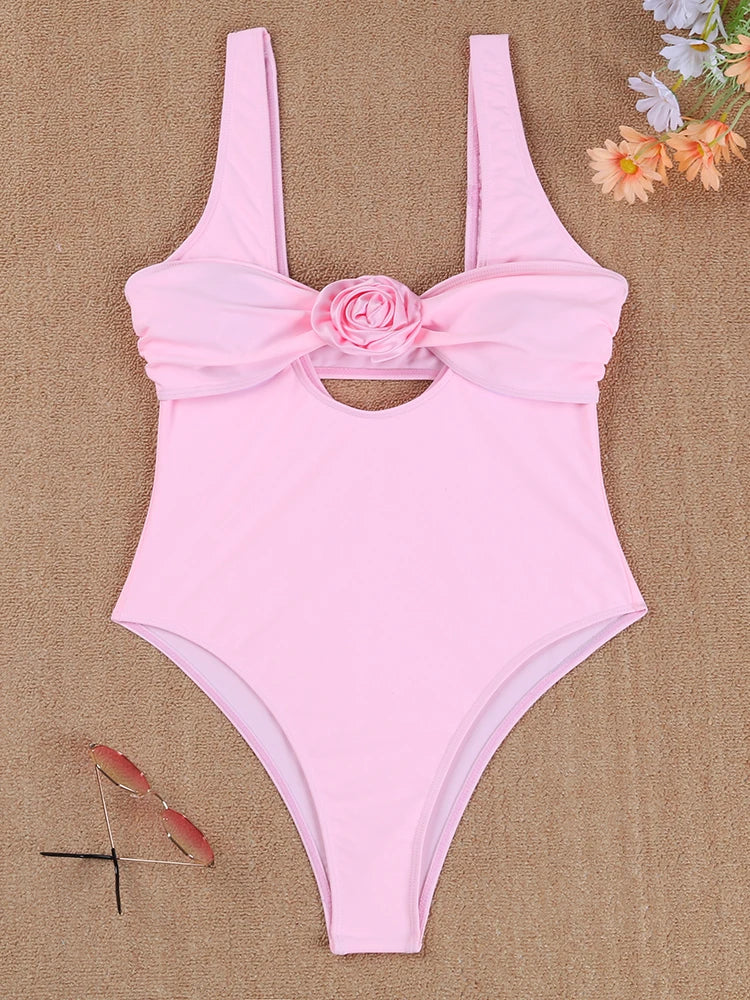 One Piece Swimsuit Women New Solid Sling U Neck Bandeau Bodysuit Swimwear Summer Two Piece Beach Wear Bathing Suit Female Pink