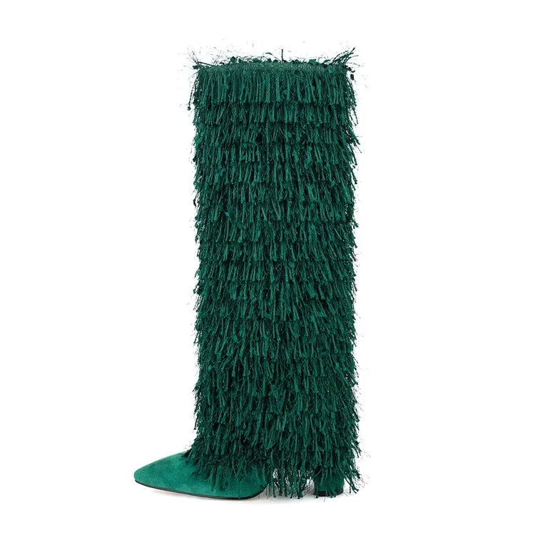 Winter High Heels Tassel Pants Boots for Women Sexy Pointed Toe Denim Knee High Boots Big Size Shoes 42 43 45 green N29