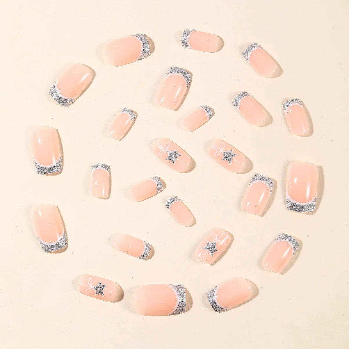 Silver French Fake Nails 24Pcs Nude Color Press On Nails Star/Bowknot Designs Short Square Artificial Nails Patches for Women