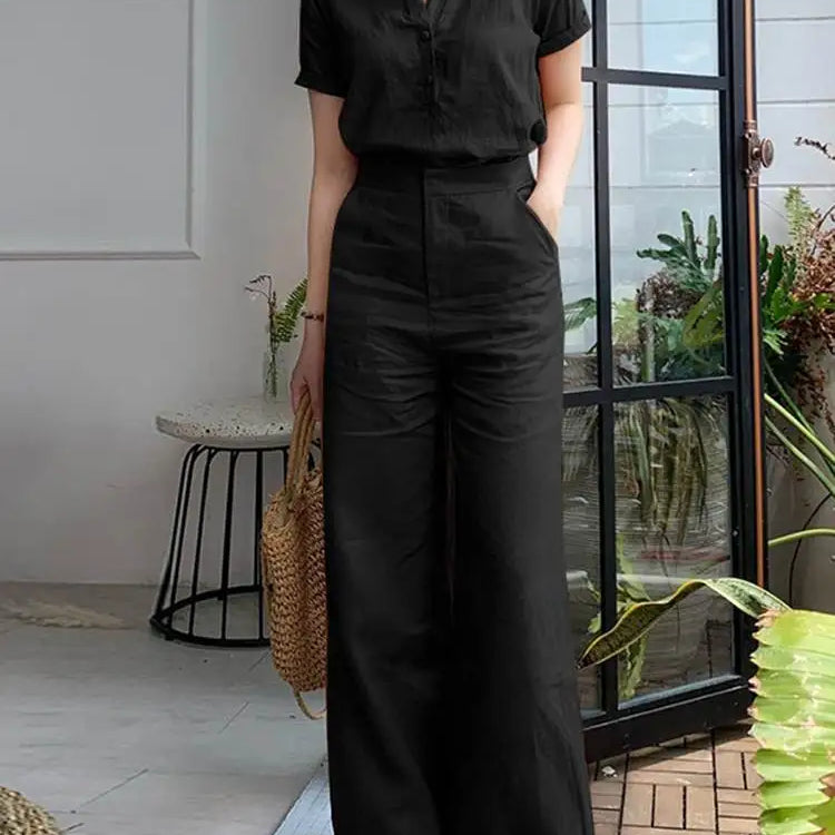 ZANZEA Summer Fashion Suit Lapel Short Sleeve Shirt Wide Leg Pants 2pcs Woman Vintage Office OL Matching Sets Casual Tracksuits black