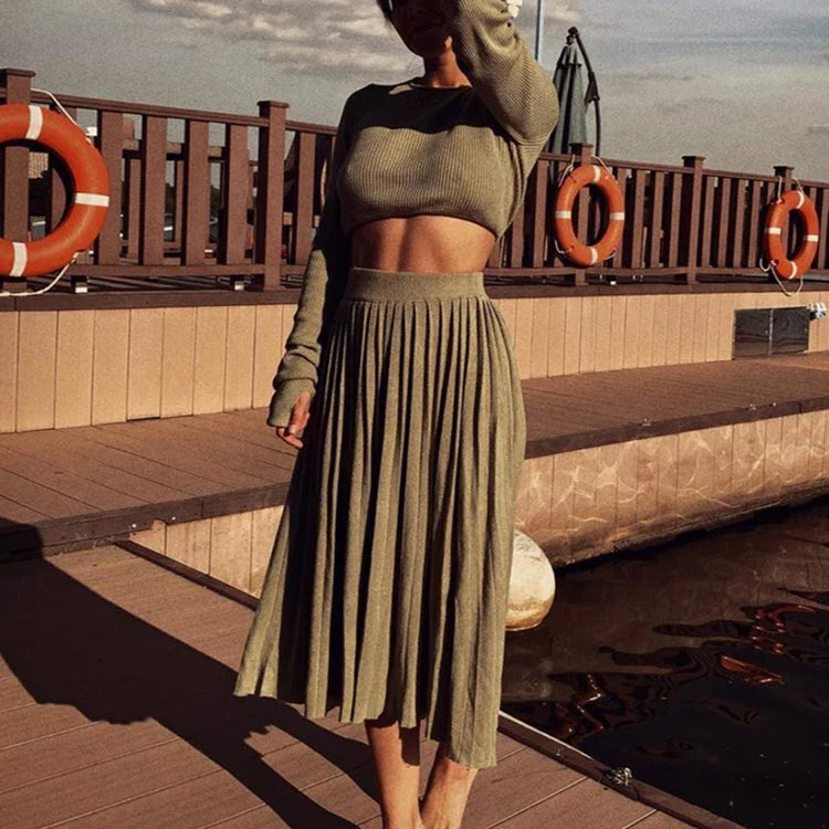 Cryptographic Solid Sexy Sweater Cropped Top Midi Skirt Two Piece Set Women Matching Set Outfits Button Up Split Skirts Winter green