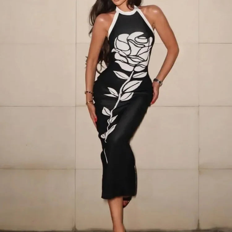 Women Celebrity Sexy Backless Halter Rose Jacquard Black Midi Bodycon Bandage Dress 2024 Elegant Evening Club Party Outfit