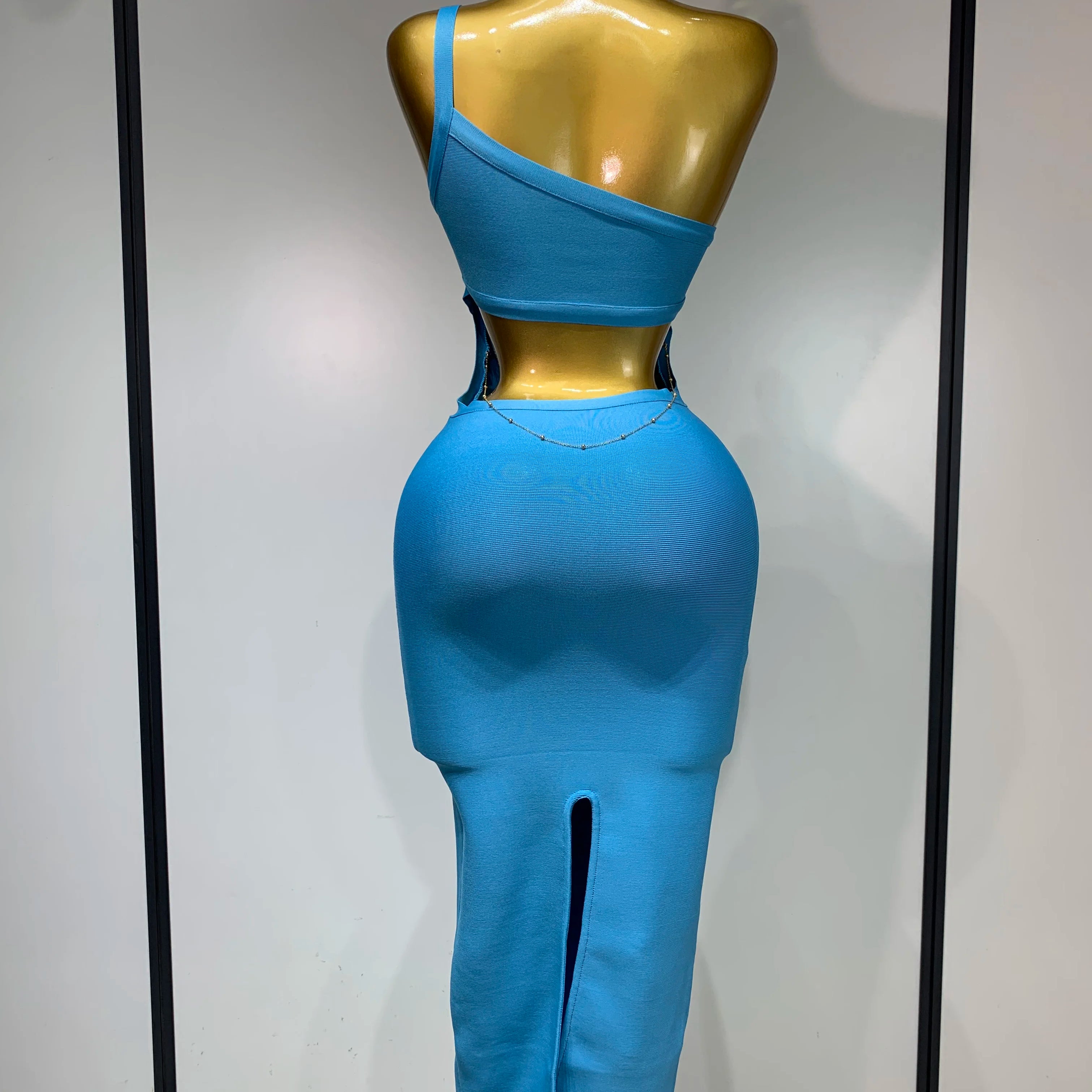 Luxury Birthday Dress Women Blue Bodycon Bandage Dress One Shoulder Sleeveless Backless Dress Cocktail Evening Party Vestidos