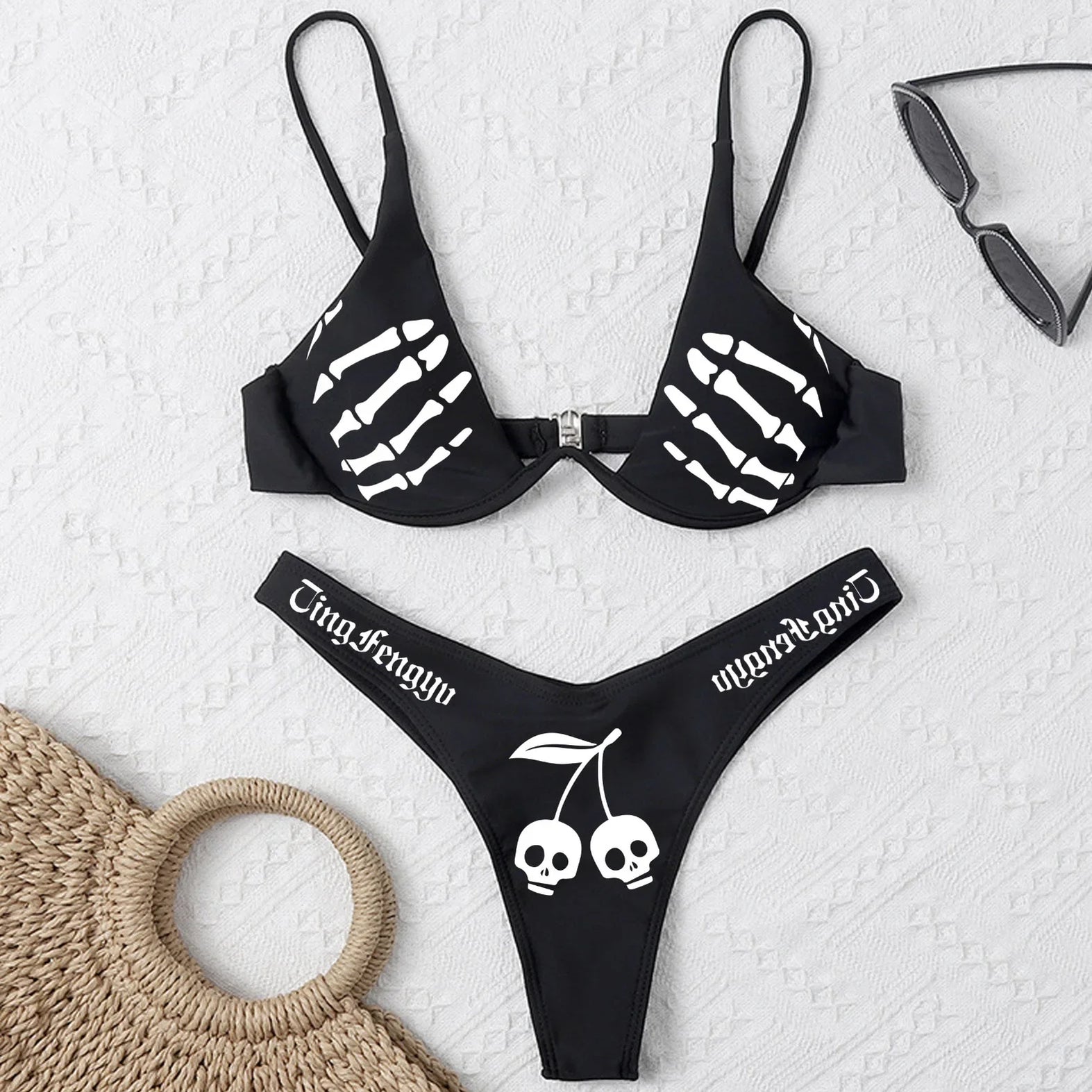 Sexy Goth Bikini 2023 Women Letters Skull Print Swimsuit Split Bathing Suit High Waist Gothic Bikinis Sets Beach Outfits 5