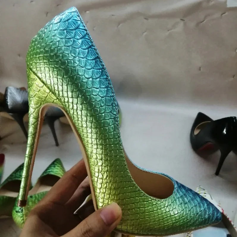 White Snake Pattern Pumps Shallow Pointed Toe High Heels Pull On Luxury Shoes Solid Scales Metallic Sandalias De Mujer 12CM