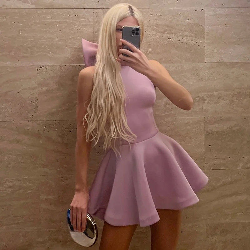 TARUXY Big Backless Bow Dress For Women Slim Pleated Sexy Sleeveless Solid Splice Halter Neck Evening Party Mini Dress Female Purple