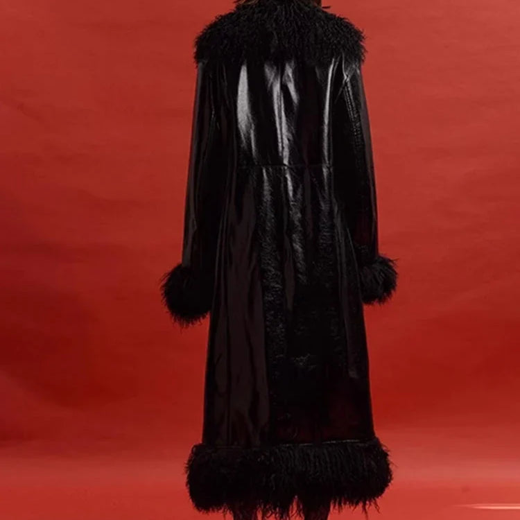 Spring Autumn Long Black Shiny Patent Pu Leather Coat Women with Faux Fur Trim Luxury Designer Clothing European Fashion