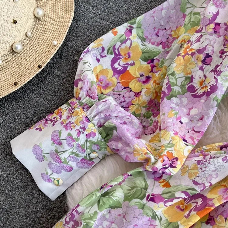 2024 Fashion Bohemain Flower Maxi Dress Women's Stand Long Lantern Sleeve Single Breasted Floral Print Lace Up Loose Boho Robe